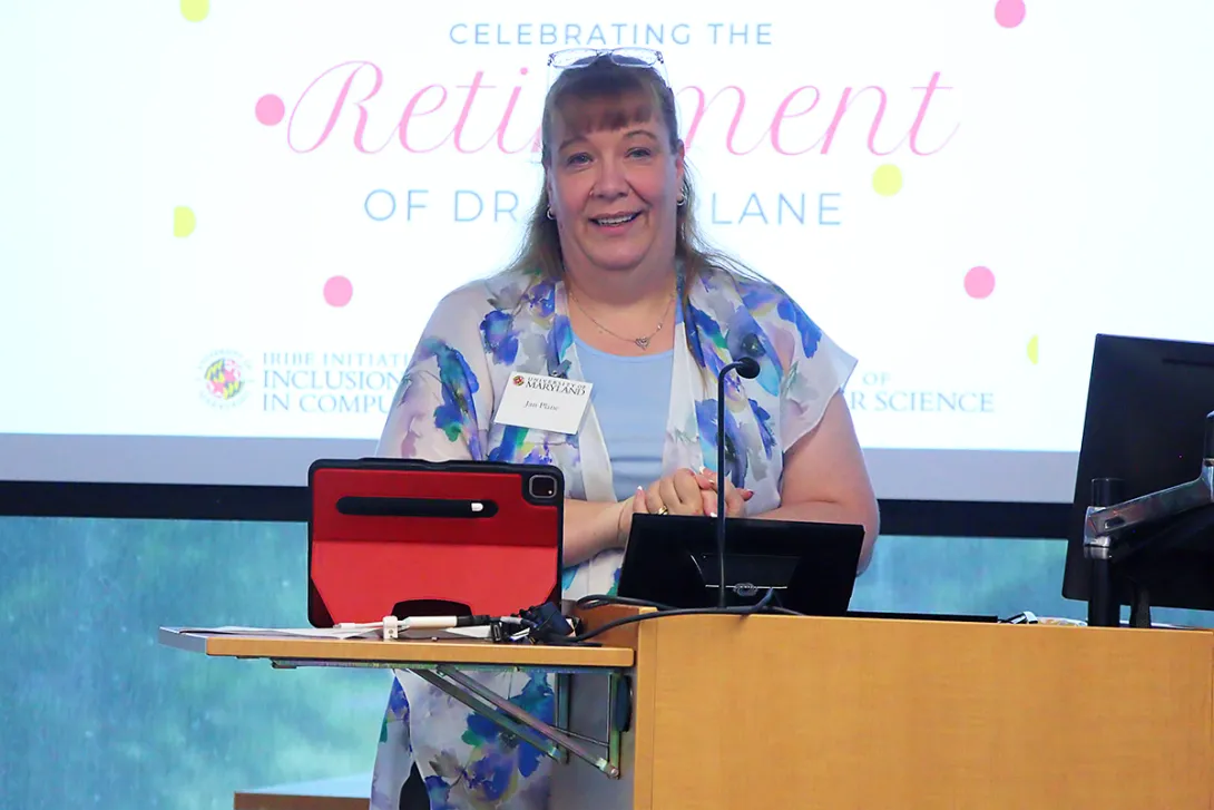 Jan Plane speaking at her retirement celebration